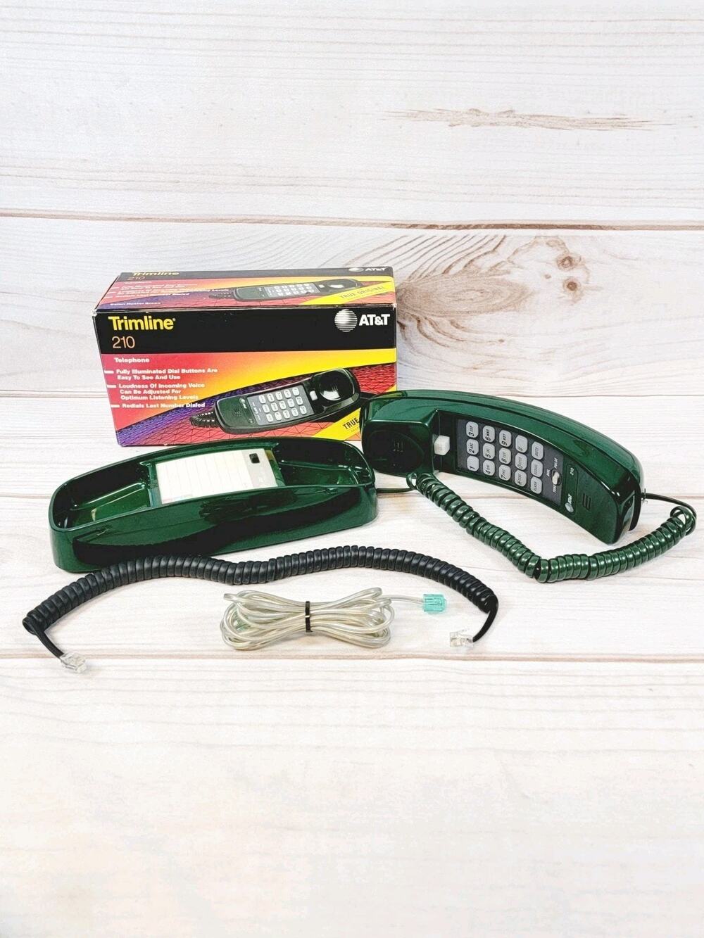 Vtg AT&T Trimline 210 Touch Tone Push Button Corded Phone Forest Green W/ Box